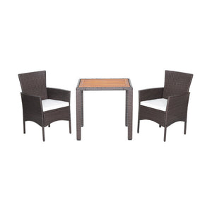 3 Pieces Patio Wicker Furniture Set wih Acacia Wood Table Top and Chair Cushiones