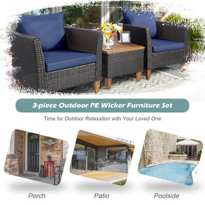 3 Pieces Patio Rattan Bistro Furniture Set with Wooden Table Top-Navy
