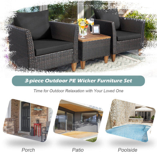 3 Pieces Patio Rattan Bistro Furniture Set with Wooden Table Top-Black
