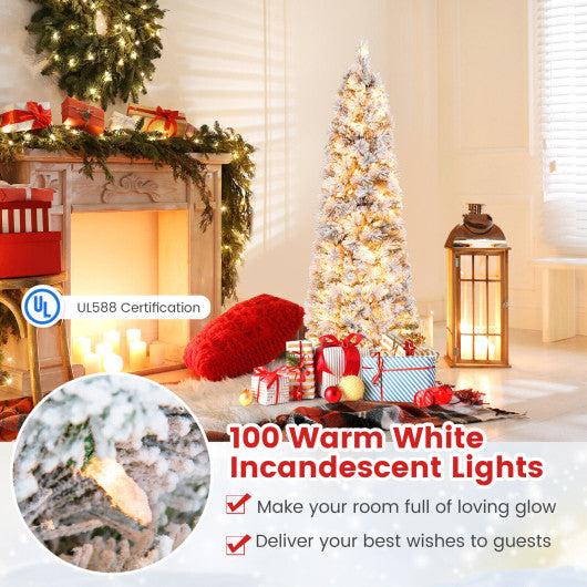 4.5/6/7 Feet Christmas Tree with 258 Branch Tips and 100 Incandescent Lights-Flocked and Slim-4.5 ft