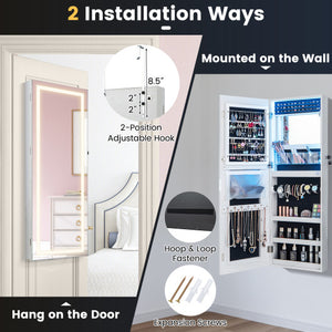 42.5 Inches Lockable Jewelry Mirror Wall Cabinet with 3-Color LED Lights-White