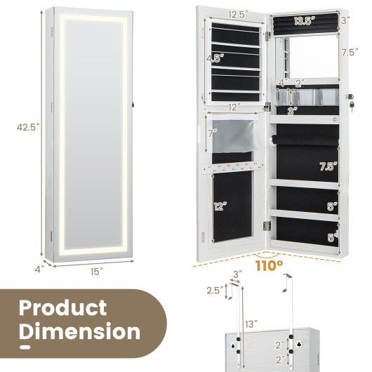 42.5 Inches Lockable Jewelry Mirror Wall Cabinet with 3-Color LED Lights-White