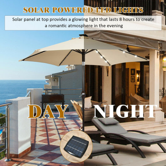 9 Feet Solar LED Lighted Patio Market Umbrella Tilt Adjustment Crank Lift-Beige
