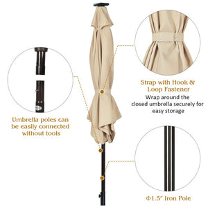 9 Feet Solar LED Lighted Patio Market Umbrella Tilt Adjustment Crank Lift-Beige