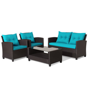 4 Pieces Patio Rattan Furniture Set with Tempered Glass Coffee Table-Turquoise