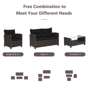 4 Pieces Patio Rattan Furniture Set with Tempered Glass Coffee Table-Black