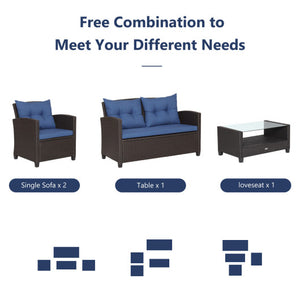 4 Pieces Patio Rattan Furniture Set with Tempered Glass Coffee Table-Navy