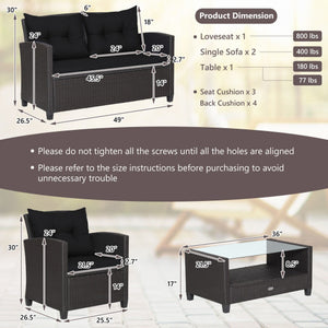 4 Pieces Patio Rattan Furniture Set with Tempered Glass Coffee Table-Black