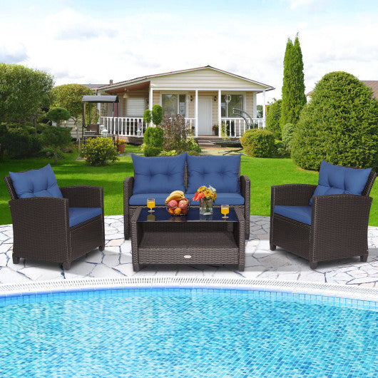 4 Pieces Patio Rattan Furniture Set with Tempered Glass Coffee Table-Navy