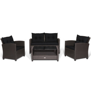 4 Pieces Patio Rattan Furniture Set with Tempered Glass Coffee Table-Black