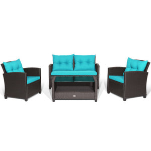 4 Pieces Patio Rattan Furniture Set with Tempered Glass Coffee Table-Turquoise