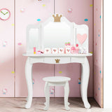 Kids Makeup Dressing Table with Tri-folding Mirror and Stool-White
