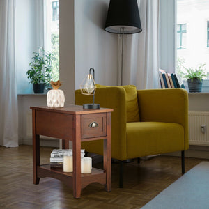 Set of 2 Contemporary Side End Table with Drawer-Walnut