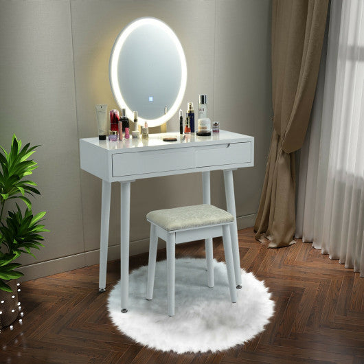 Touch Screen Vanity Makeup Table Stool Set with Lighted Mirror-White