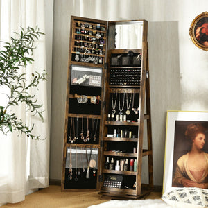 360 ° Rotatable 2-in-1 Lockable Jewelry Cabinet with Full-Length Mirror-Rustic Brown