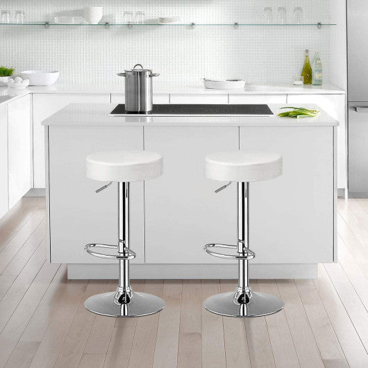 Set of 2 Adjustable Round PU Leather Swivel Barstool with Chrome Footrest-White