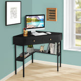 Space Saving Corner Computer Desk with 2 Large Drawers and Storage Shelf-Black