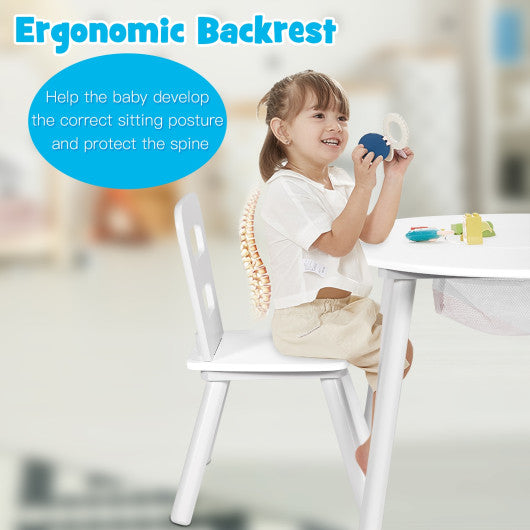 Wood Activity Kids Table and Chair Set with Center Mesh Storage for Snack Time and Homework-White