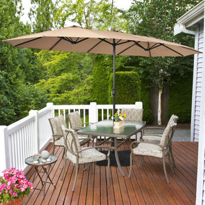 15 Feet Double-Sided Twin Patio Umbrella with Crank and Base-Brown