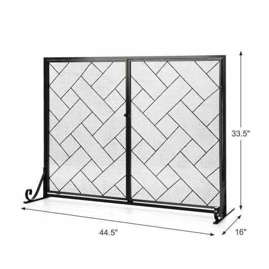 3-Panel Folding Wrought Iron Fireplace Screen with Doors and 4 Pieces Tools Set-Black