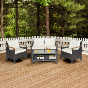 4 Pieces Patio Rattan Furniture Set with Cushioned Sofa and Storage Table-White