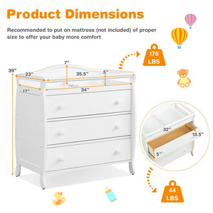 Baby Changing Table Infant Diaper with 3 Drawers and Safety Belt-White