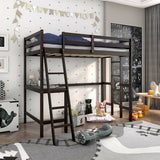 Twin Size Loft Bed Frame with Desk Angled and Built-in Ladder-Espresso
