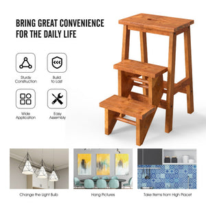 3-in-1 Rubber Wood Step Stool with Convenient Handle-Natural