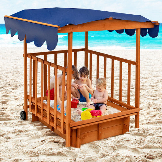 Kids Outdoor Wooden Retractable Sandbox with Cover and Built-in Wheels-Natural