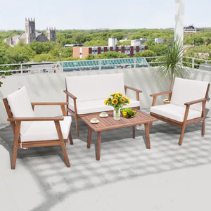 4 Piece Outdoor Acacia Wood Conversation Set with Soft Seat and Back Cushions-White