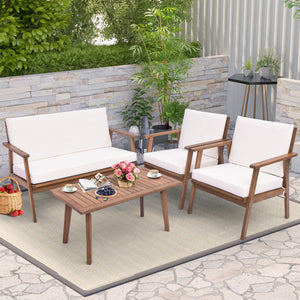4 Piece Outdoor Acacia Wood Conversation Set with Soft Seat and Back Cushions-White