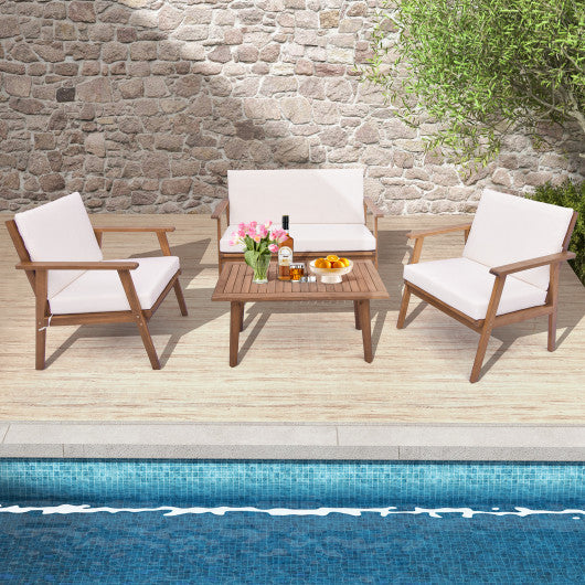 4 Piece Outdoor Acacia Wood Conversation Set with Soft Seat and Back Cushions-White