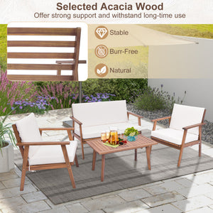 4 Piece Outdoor Acacia Wood Conversation Set with Soft Seat and Back Cushions-White