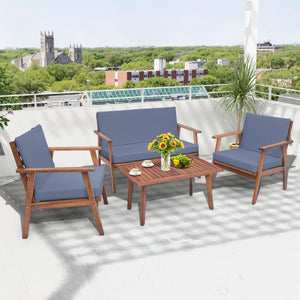 4 Piece Outdoor Acacia Wood Conversation Set with Soft Seat and Back Cushions-Gray