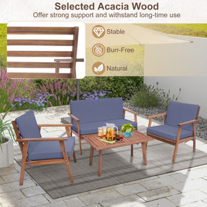 4 Piece Outdoor Acacia Wood Conversation Set with Soft Seat and Back Cushions-Gray