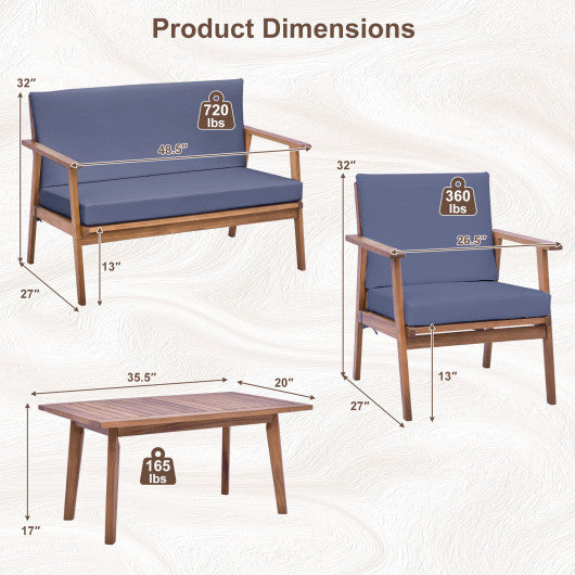 4 Piece Outdoor Acacia Wood Conversation Set with Soft Seat and Back Cushions-Gray