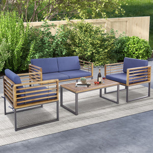 4 Piece Patio Acacia Wood Conversation Set with Soft Seat-Navy