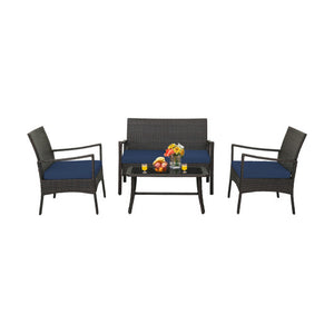 4 Pieces Outdoor Rattan Conversation Set with Tempered Glass Coffee Table-Navy