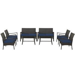 4 Pieces Outdoor Rattan Conversation Set with Tempered Glass Coffee Table-Navy