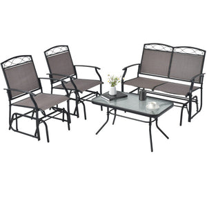 4 Piece Patio Glider Conversation Set with Tempered Glass Table Top-Brown