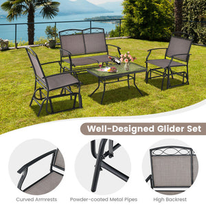 4 Piece Patio Glider Conversation Set with Tempered Glass Table Top-Brown