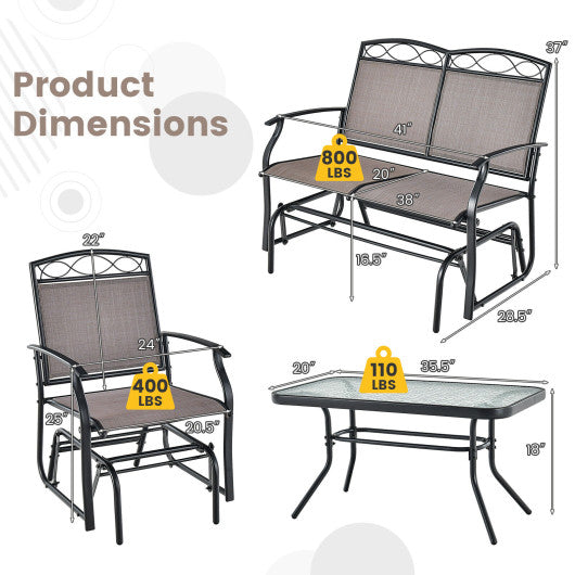 4 Piece Patio Glider Conversation Set with Tempered Glass Table Top-Brown
