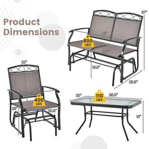 4 Piece Patio Glider Conversation Set with Tempered Glass Table Top-Brown