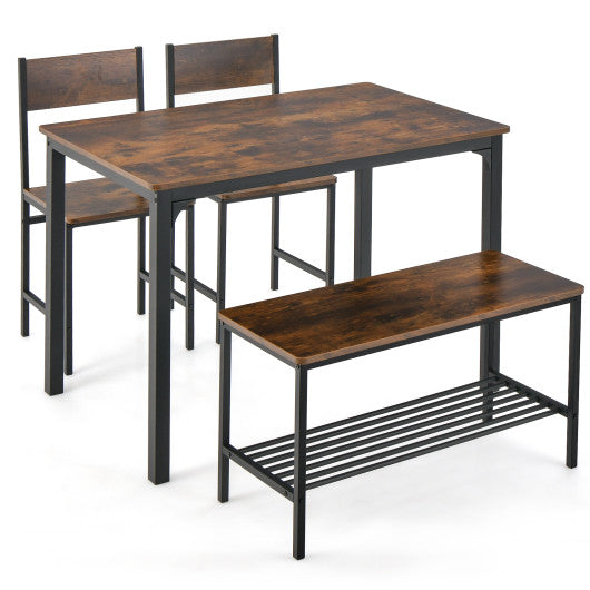 4 Pieces Rustic Dining Table Set with 2 Chairs and Bench-Rustic Brown