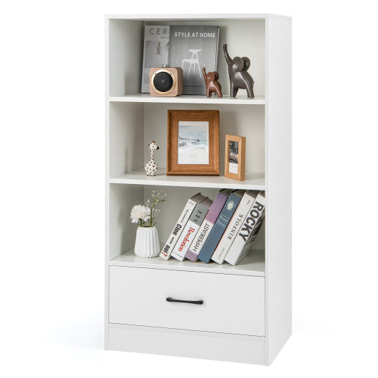 48 Inch Tall 4 Tiers Wood Bookcase with Drawer-White