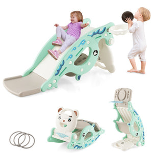 4-in-1 Kids Slide Rocking Horse with Basketball and Ring Toss-Green