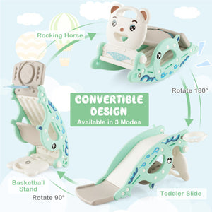 4-in-1 Kids Slide Rocking Horse with Basketball and Ring Toss-Green