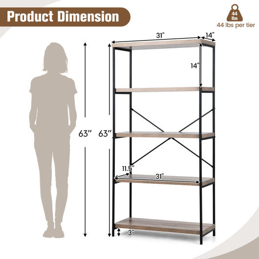 5-Tier Industrial Bookshelf Display Storage Rack with Metal Frame-Gray