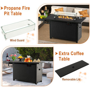52 Inches Outdoor Wicker Gas Fire Pit Propane Fire Table with Cover-Black