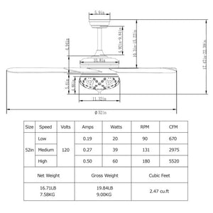 52 Inches Ceiling Fan with Remote Control-Walnut